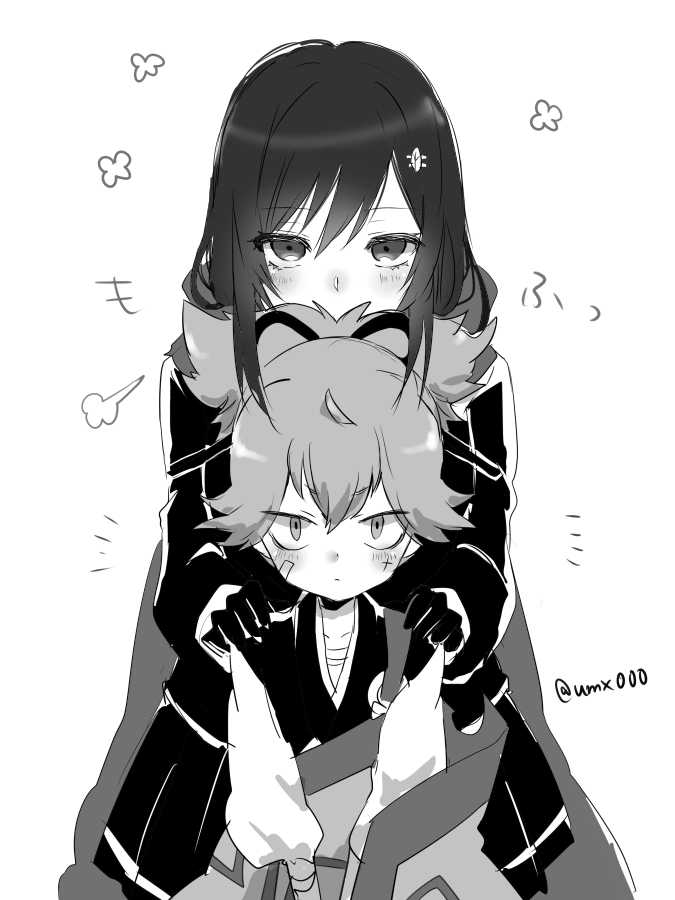 1boy, 1girl, puff_of_air, bandaid, bandaid_on_face, black_gloves, black_hair, closed_mouth