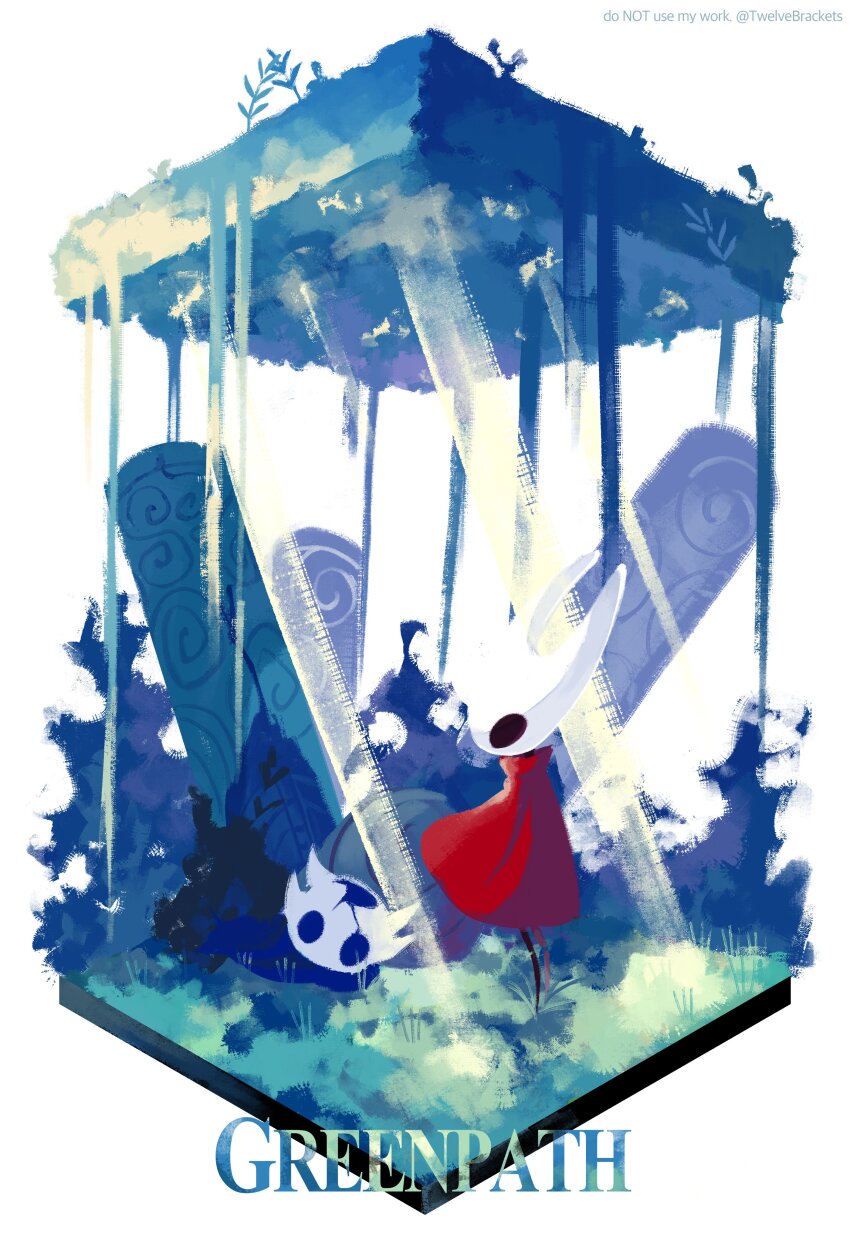 1girl, absurdres, bug, cloak, crack, full_body, grass, greenpath_vessel_(hollow_knight)