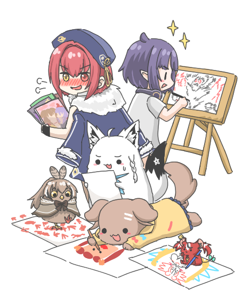 6+girls, animalization, beret, bird, blush, braid, coat, coat_on_shoulders