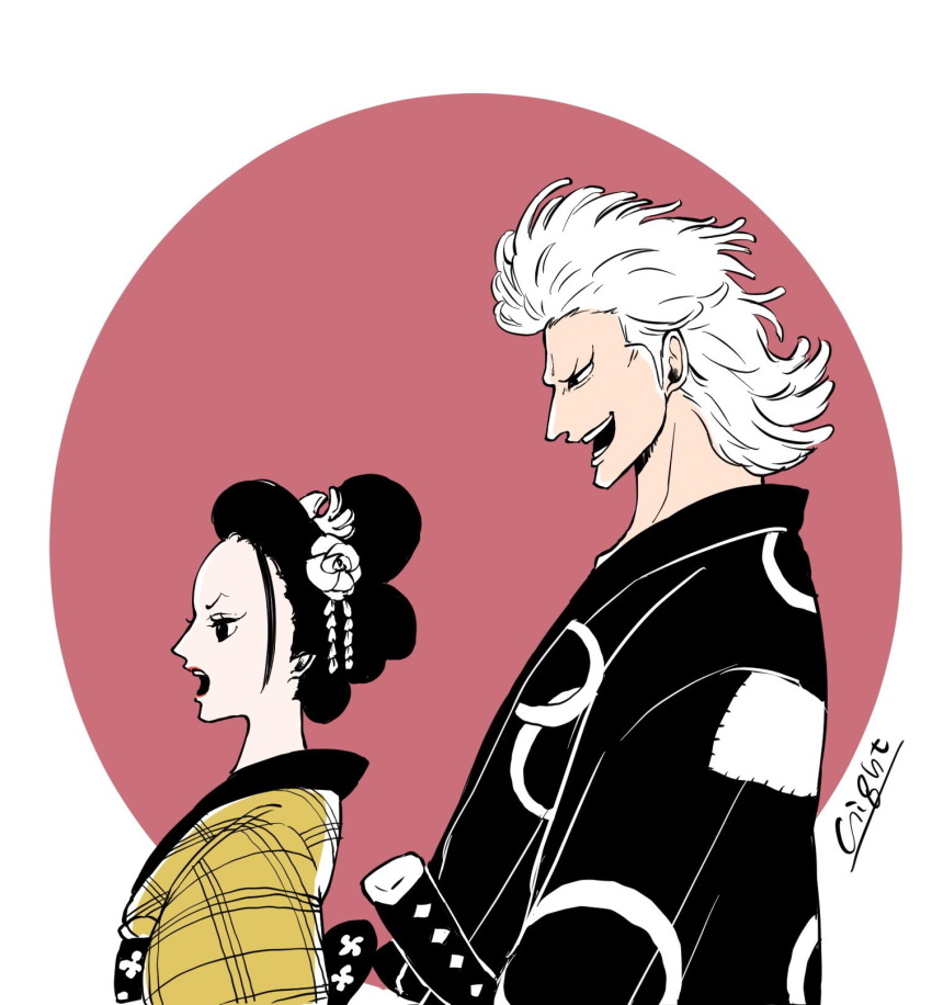 1boy, 1girl, artist_name, artist_request, black_hair, couple, from_side, hair_ornament