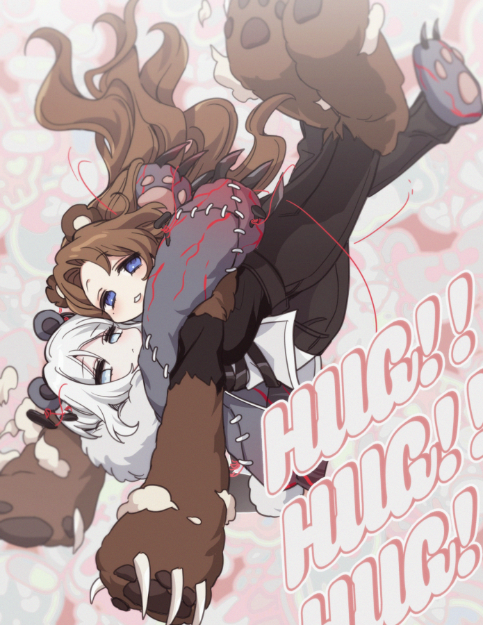 2girls, :3, animal_ears, bbunny, bear_ears, bear_girl, black_pants, blue_eyes