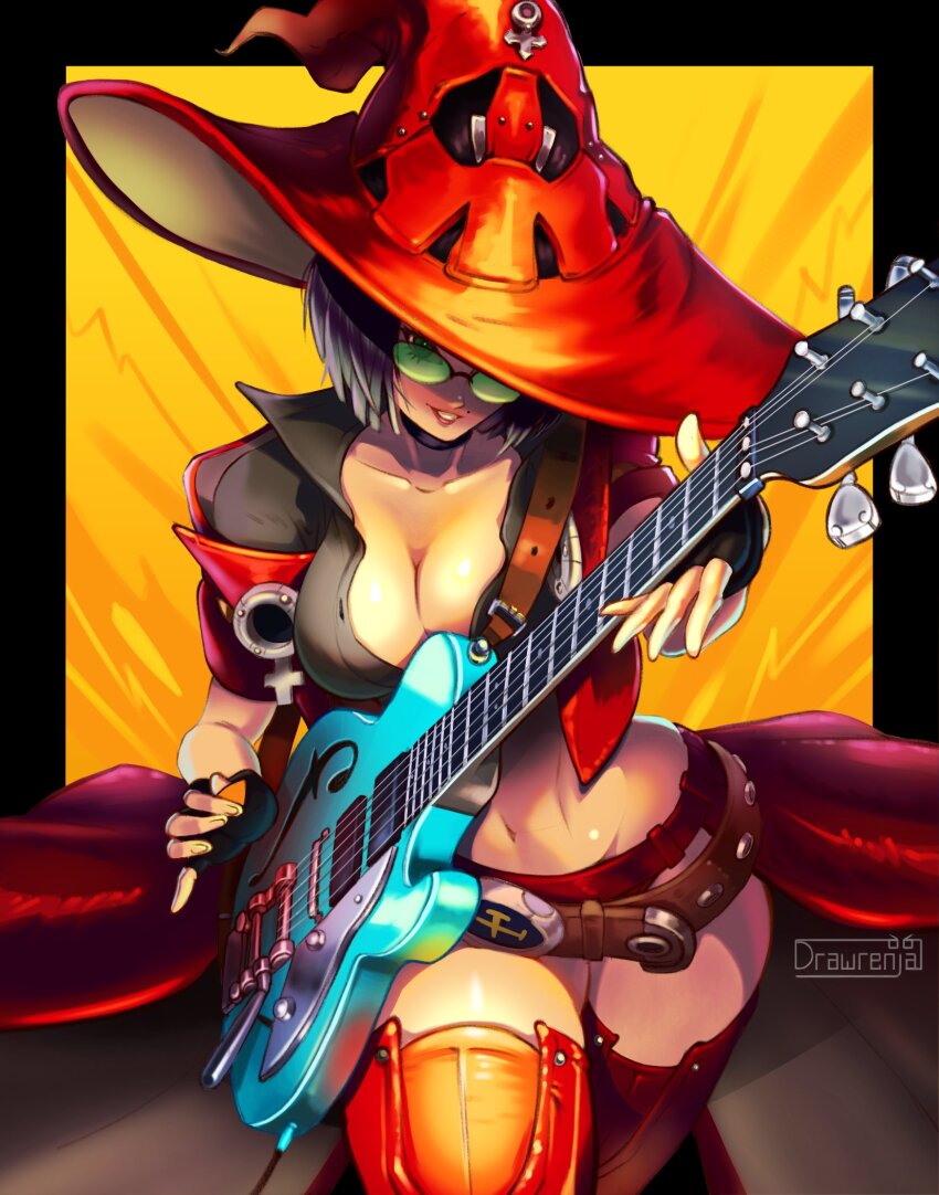 black_hair, boots, breasts, coat, drawrenja, feet_out_of_frame, fingerless_gloves, glasses, gloves, green_glasses, guilty_gear, guitar, hat, highres, i-no, instrument, large_breasts, lips, mole, mole_under_mouth, navel, one_eye_covered, red_boots, red_coat, short_hair, thighs, witch_hat, yellow_background