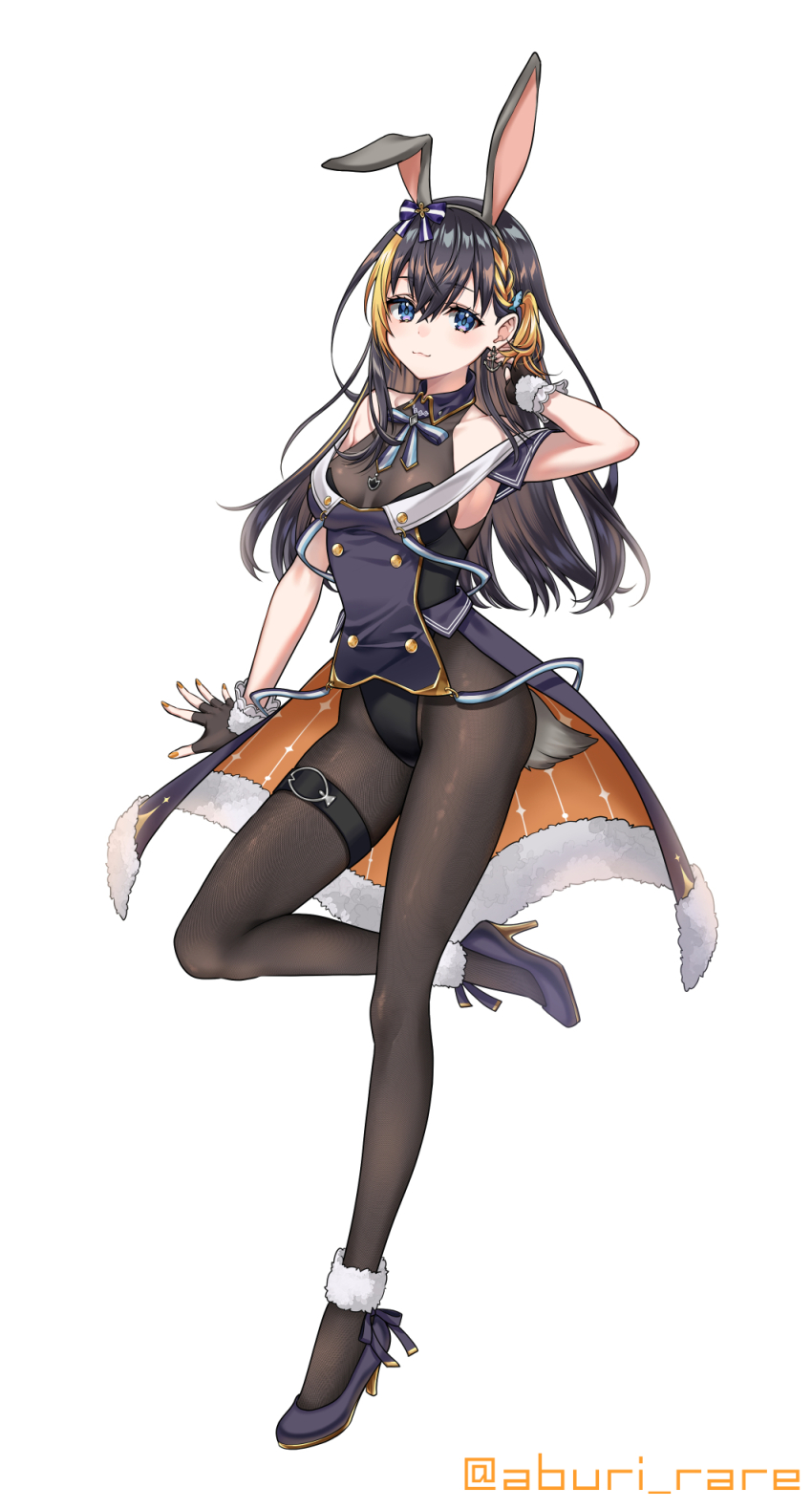 1girl, aburi_rare, animal_ears, bare_shoulders, blue_eyes, bodystocking, breasts, brown_hair