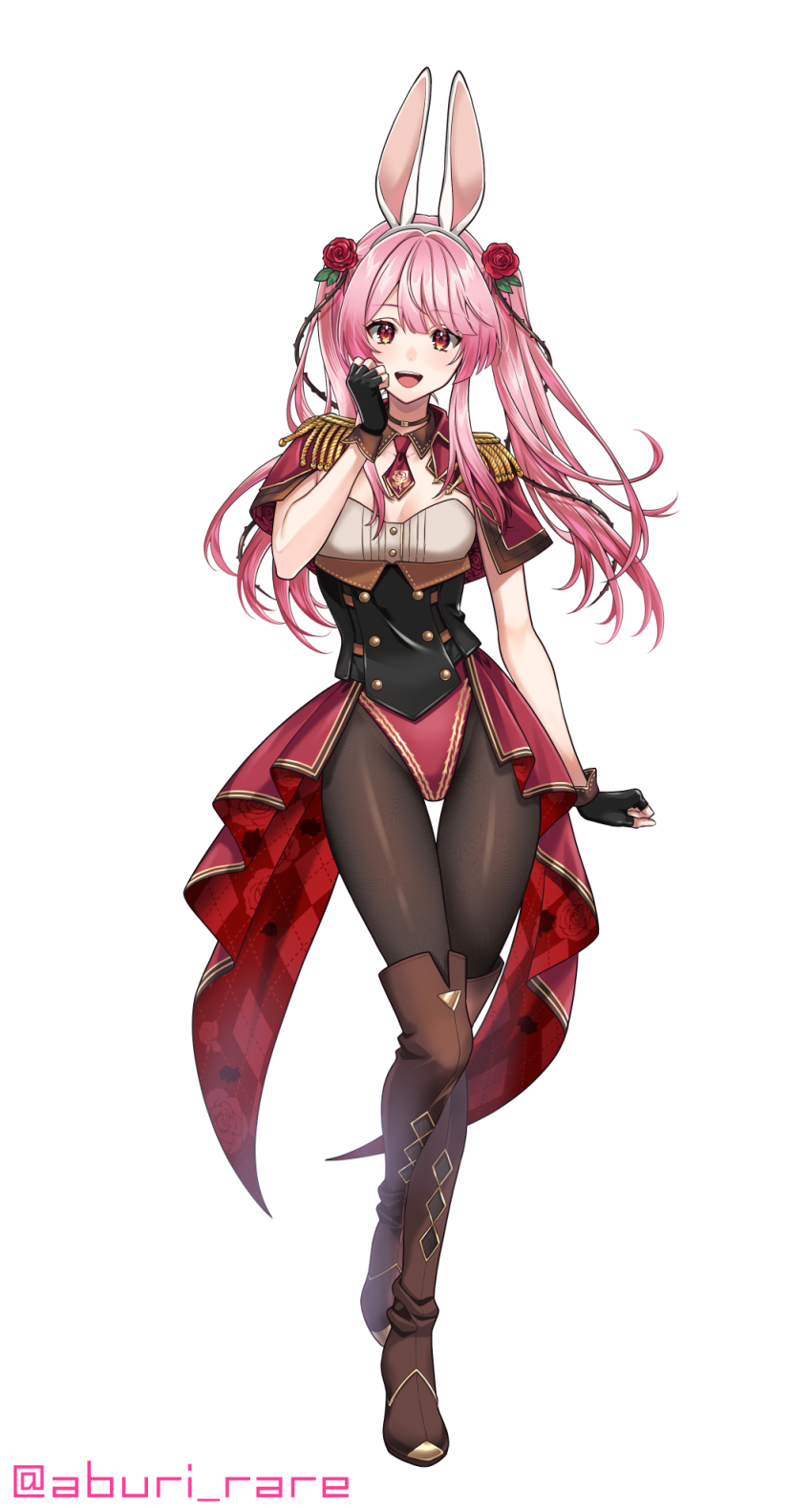 1girl, aburi_rare, animal_ears, boots, breasts, clenched_hands, collarbone, epaulettes