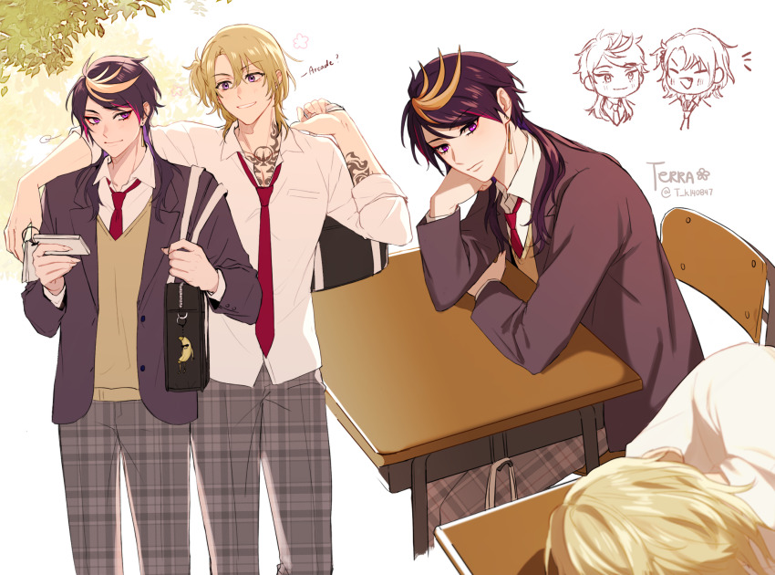 2boys, :d, arm_around_shoulder, artist_name, bag, bag_charm, black_bag, black_hair