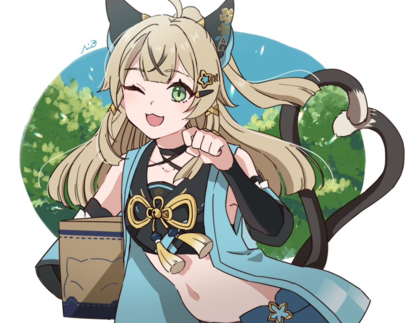 1girl, ;3, ;d, ahoge, animal_ears, bare_shoulders, black_choker, black_shirt