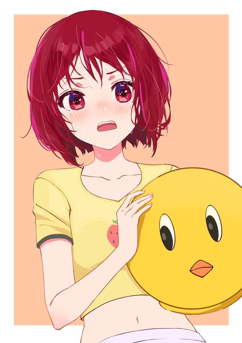 1girl, absurdres, arima_kana, bird_mask, blush, collarbone, commentary_request, cropped_shirt