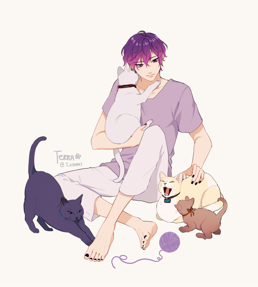 1boy, alban_knox, animal, animalization, artist_name, barefoot, black_nails, cat