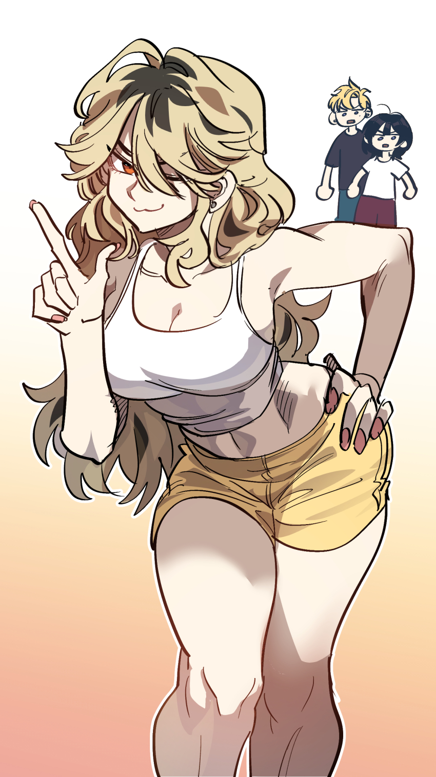 :3, absurdres, bare_shoulders, black_hair, blonde_hair, breasts, cleavage, closed_mouth