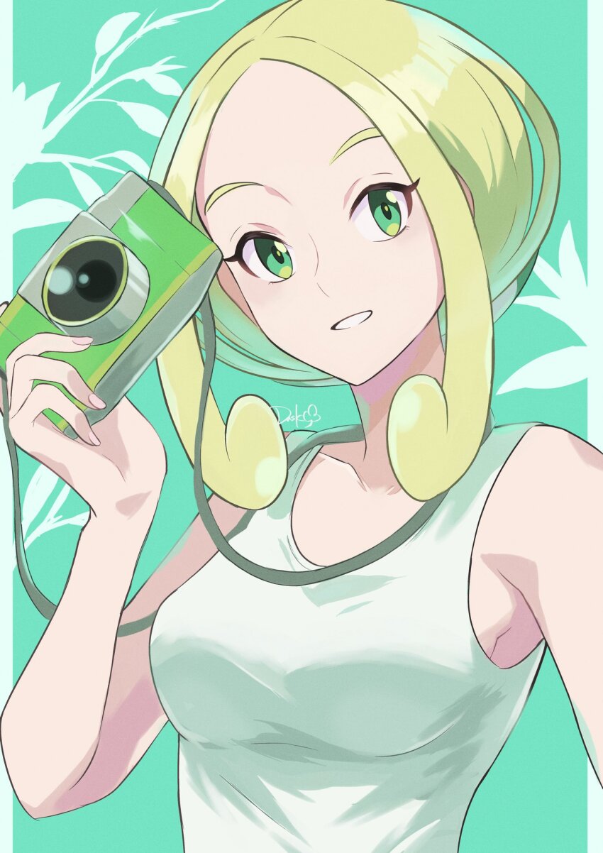 1girl, blonde_hair, breasts, camera, collarbone, commentary, dusk_poke27, eyelashes