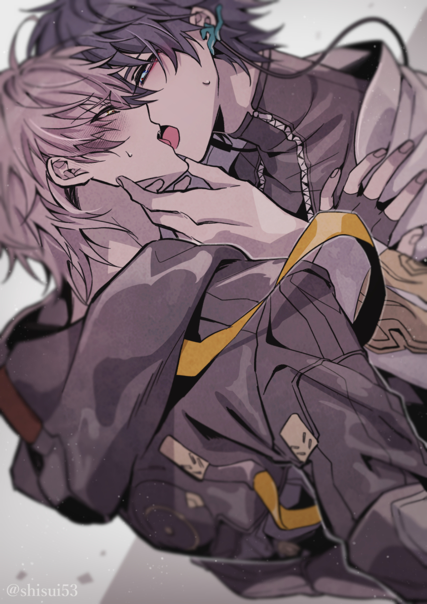 2boys, black_hair, black_shirt, blush, caelus_(honkai:_star_rail), dan_heng_(honkai:_star_rail), dan_heng_(hunt)_(honkai:_star_rail), earrings, fingerless_gloves, gloves, green_eyes, hand_on_another's_face, highres, honkai:_star_rail, honkai_(series), jacket, jewelry, kiss, long_sleeves, makeup, male_focus, multiple_boys, open_mouth, shirt, shisui53, short_hair, simple_background, sketch, sweatdrop, trailblazer_(honkai:_star_rail), twitter_username, upper_body, v-shaped_eyebrows, yaoi, yellow_eyes, zipper