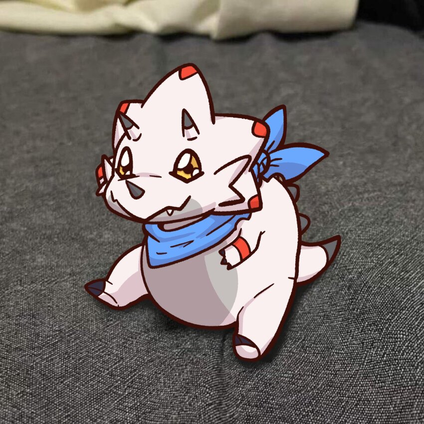 digimon, digimon_(creature), dinosaur, gammamon, highres, meme, scarf, sitting_baby_alligator_(meme)