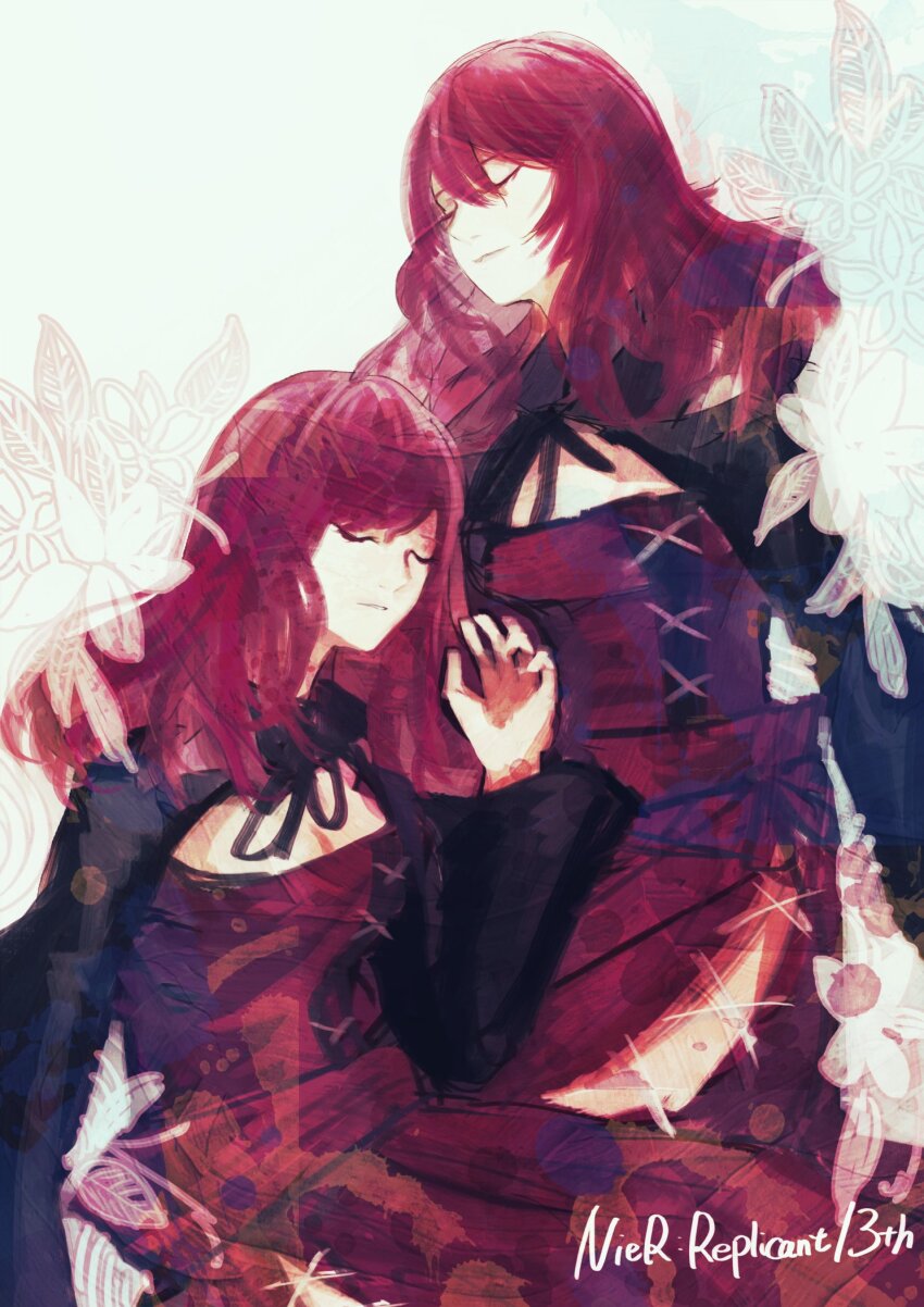 2girls, anniversary, closed_eyes, commentary_request, copyright_name, devola, dress, hand_up