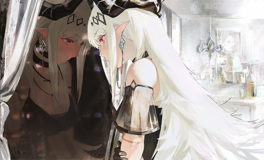 1girl, absurdres, alcohol, arknights, bare_shoulders, black_choker, black_dress, black_gloves