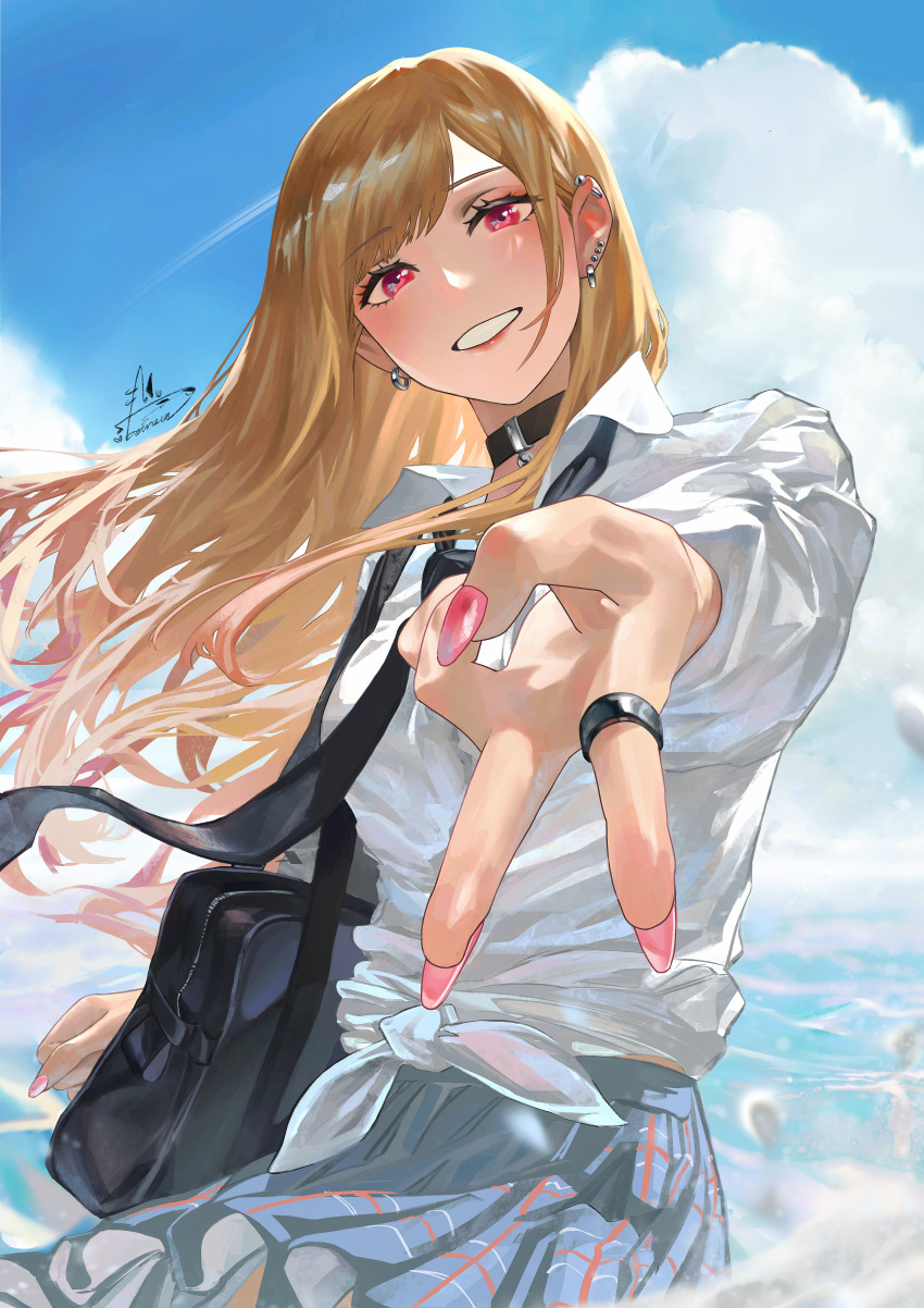 absurdres, bag, barbell_piercing, black_choker, blonde_hair, blue_skirt, bounsies, choker, cloud, cloudy_sky, collared_shirt, commentary, day, ear_piercing, earrings, fake_nails, gradient_hair, grin, highres, industrial_piercing, jewelry, kitagawa_marin, long_hair, long_sleeves, loose_necktie, multicolored_hair, necktie, piercing, pink_nails, plaid_clothes, plaid_skirt, pleated_skirt, red_eyes, red_hair, ring, school_bag, school_uniform, shirt, signature, skirt, sky, smile, sono_bisque_doll_wa_koi_wo_suru, swept_bangs, tied_shirt, v, wind
