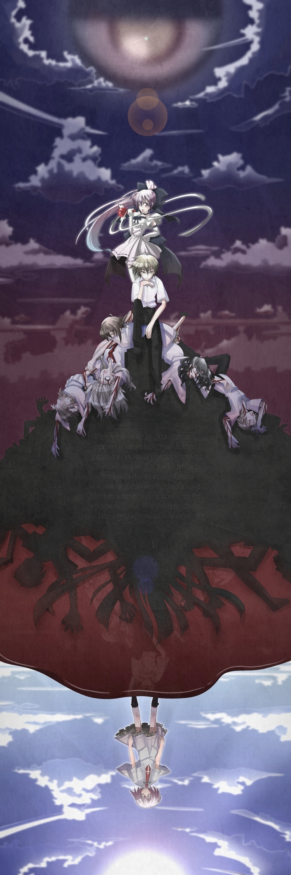 1boy, 2girls, absurdres, bad_id, bad_pixiv_id, blood, bow, brown_hair