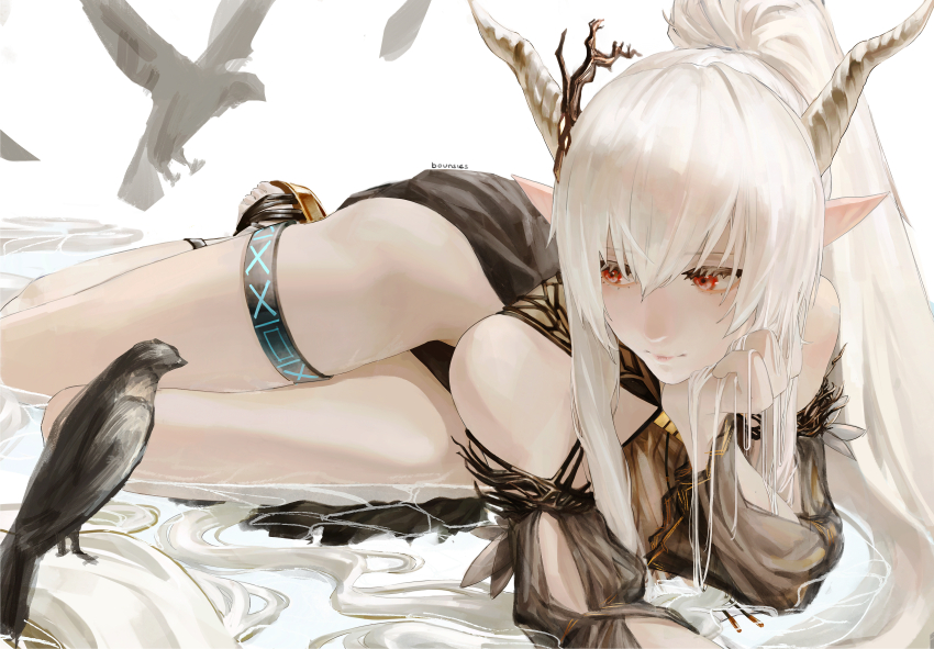 1girl, absurdres, arknights, arm_rest, artist_name, bare_shoulders, bird, black_one-piece_swimsuit