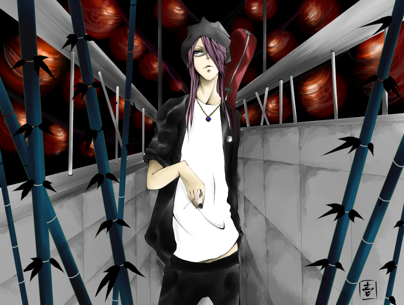 1boy, asymmetrical_hair, bad_id, bad_pixiv_id, glasses, hair_over_one_eye, j-rock, long_hair, male_focus, miyavi, purple_hair, so-ichi00, solo