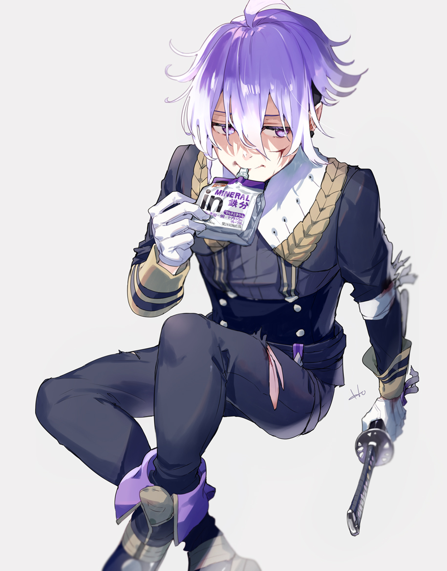 1boy, black_boots, black_jacket, black_pants, blood, blood_on_face, boots, drinking_straw