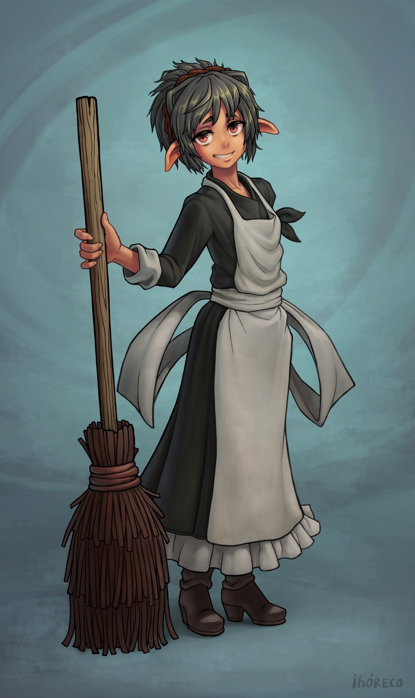 1girl, absurdres, apron, black_dress, black_hair, broom, brown_eyes, cocona_(lonarpg), dress, hairband, highres, ihoreco, lonarpg, long_sleeves, looking_at_viewer, maid, maid_apron, medium_hair, amputee, pointy_ears, shoes, sleeves_rolled_up, smile, solo, standing, tied_sleeves