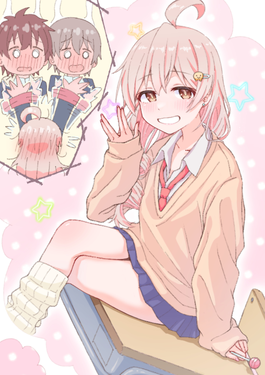 1girl, 2boys, absurdres, ahoge, blue_skirt, blush, brown_eyes, brown_hair