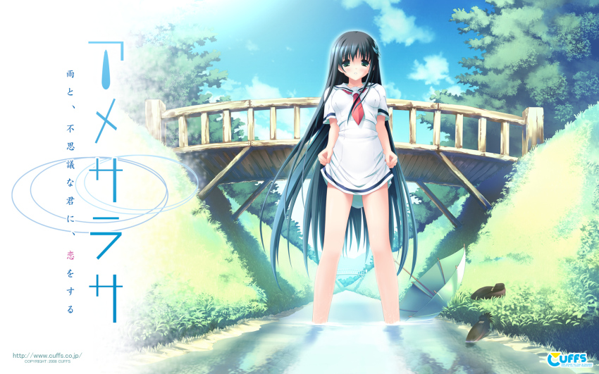 1girl, amesarasa, black_hair, bridge, chiyokawa_rin, clothes_lift, cloud, day
