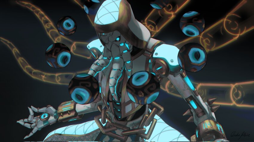 1boy, artificial_eye, bracelet, commentary, duke_kleist, english_commentary, highres, hood, hoodie, jewelry, joints, looking_down, male_focus, mechanical_arms, mechanical_eyes, mechanical_hands, meditation, official_alternate_costume, omnic, orb, overwatch, pants, robot, robot_joints, simple_background, single_mechanical_eye, sitting, solo, tentacles, tentacles_on_male, white_hoodie, white_pants, zealot_zenyatta, zenyatta_(overwatch)