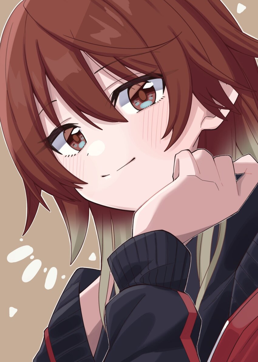 1girl, aketa_mikoto, bad_id, bad_twitter_id, black_jacket, blonde_hair, blush, brown_background