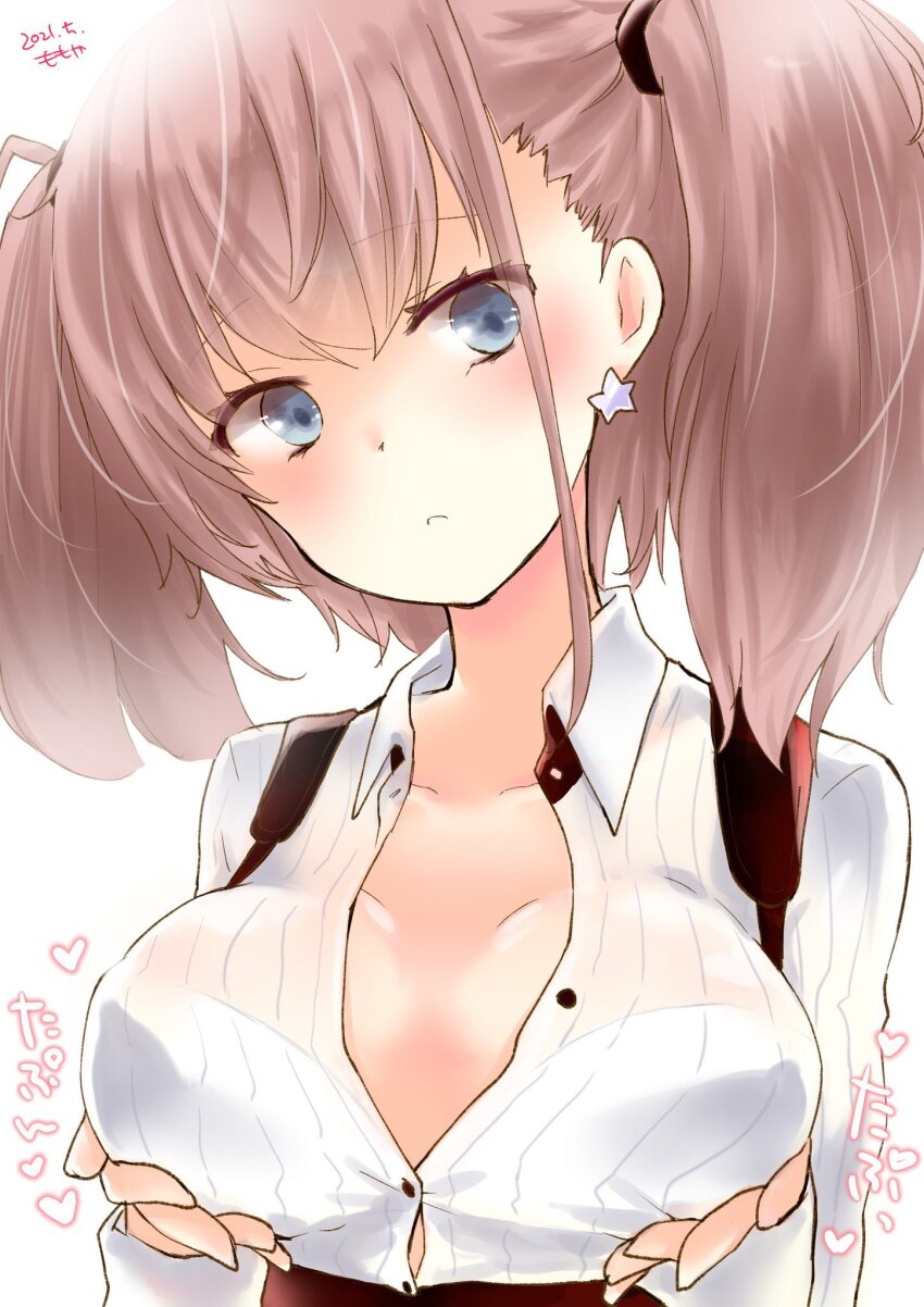 1girl, artist_name, atlanta_(kancolle), blue_eyes, blush, breasts, buttons, cleavage, collarbone, dated, earrings, highres, jewelry, kantai_collection, large_breasts, light_brown_hair, looking_to_the_side, momokaze_kuri, pursed_lips, shirt, solo, sound_effects, star_(symbol), star_earrings, twintails, upper_body, white_shirt