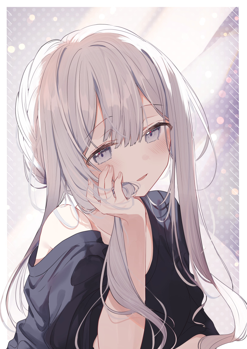 1girl, black_shirt, blush, border, collarbone, commentary_request, dot_nose, fuyukawa_kagari