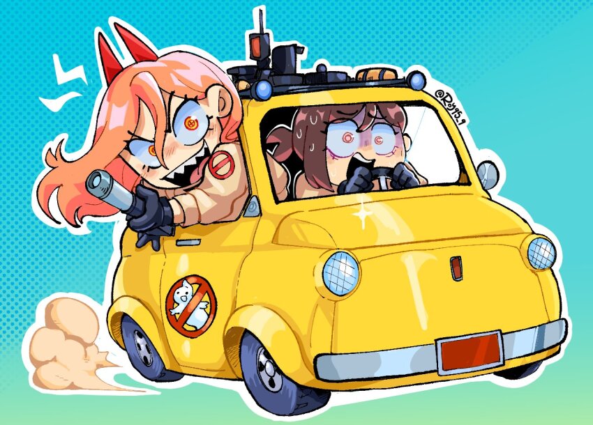 2girls, antimatter_weapon, artist_name, black_gloves, car, chainsaw_man, chibi, crossover, directed-energy_weapon, energy_gun, energy_weapon, fang, fiat_500, ghostbusters, ghostbusters_uniform, gloves, hair_between_eyes, higashiyama_kobeni, horns, motor_vehicle, multiple_girls, open_mouth, particle-beam_weapon, particle_thrower, power_(chainsaw_man), proton_pack, roy95, simple_background, smile, teeth, tongue, twitter_username, vehicle_focus, weapon, yellow_car