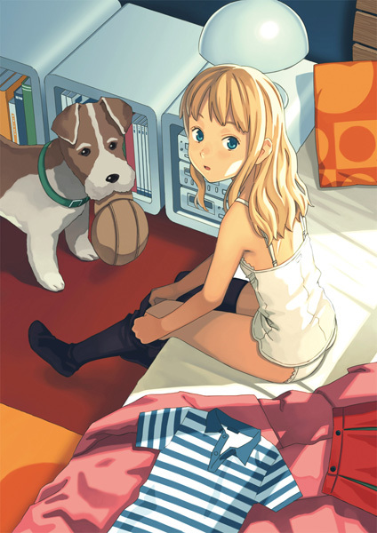 1girl, :o, adjusting_clothes, adjusting_legwear, animal, bed, black_thighhighs, blonde_hair