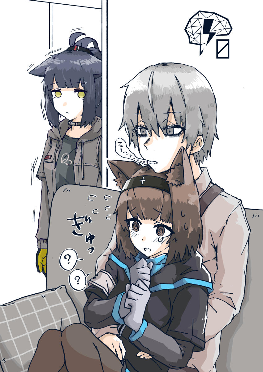 1boy, 2girls, ?, @_@, absurdres, arknights, black_hair, black_hairband