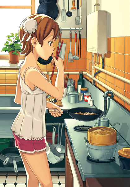 1girl, bamboo_steamer, bottle, brown_eyes, brown_hair, bun_cover, camisole, chopsticks