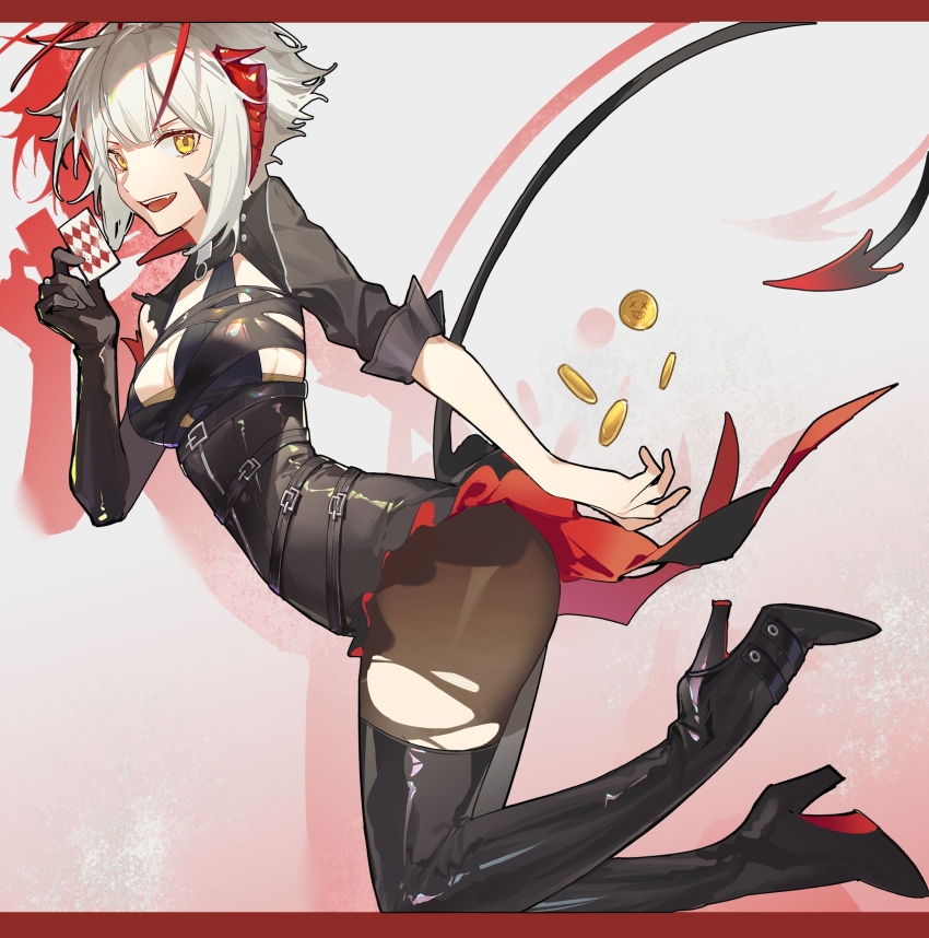 1girl, :d, absurdres, ambience_synesthesia, arknights, black_boots, black_dress, black_gloves