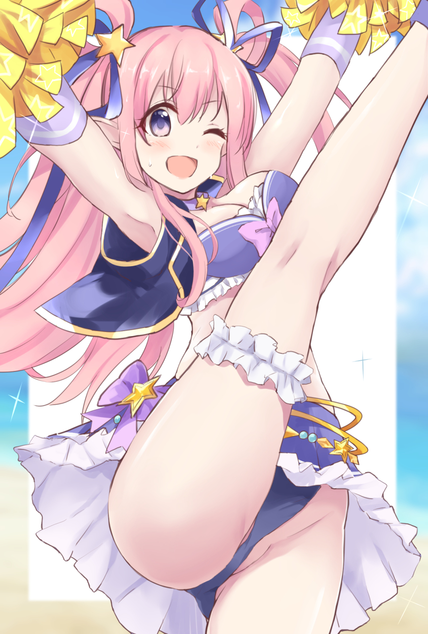 1girl, bikini, blush, bow, bow_bikini, breasts, elf, hair_ornament