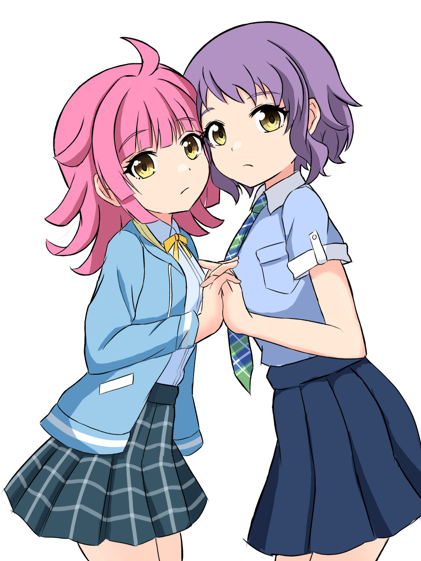 2girls, absurdres, ahoge, blue_jacket, blue_shirt, blue_skirt, blunt_bangs, blunt_ends, bow, bowtie, breasts, checkered_clothes, checkered_necktie, checkered_skirt, closed_mouth, commentary, cowboy_shot, drawstring, edo-sensei, expressionless, hand_up, highres, holding_hands, hood, hooded_jacket, idolmaster, idolmaster_million_live!, interlocked_fingers, jacket, kuudere, long_sleeves, looking_at_viewer, love_live!, love_live!_nijigasaki_high_school_idol_club, makabe_mizuki, multiple_girls, necktie, nijigasaki_school_uniform, open_clothes, open_jacket, pink_hair, pleated_skirt, purple_hair, school_uniform, shirt, short_hair, short_sleeves, sidelocks, skirt, small_breasts, tennoji_rina, trait_connection, wavy_hair, white_background, white_shirt, yellow_bow, yellow_bowtie, yellow_eyes