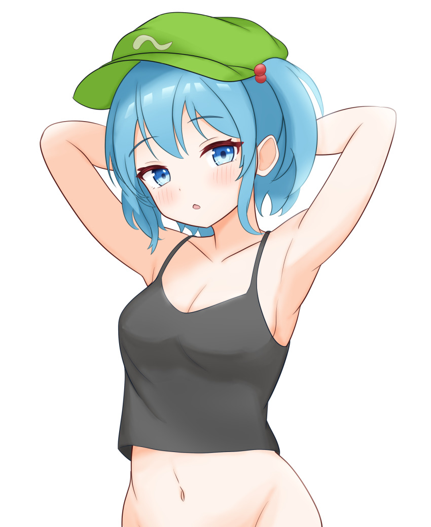 1girl, armpits, arms_behind_head, black_tank_top, blue_eyes, blue_hair, bottomless, breasts