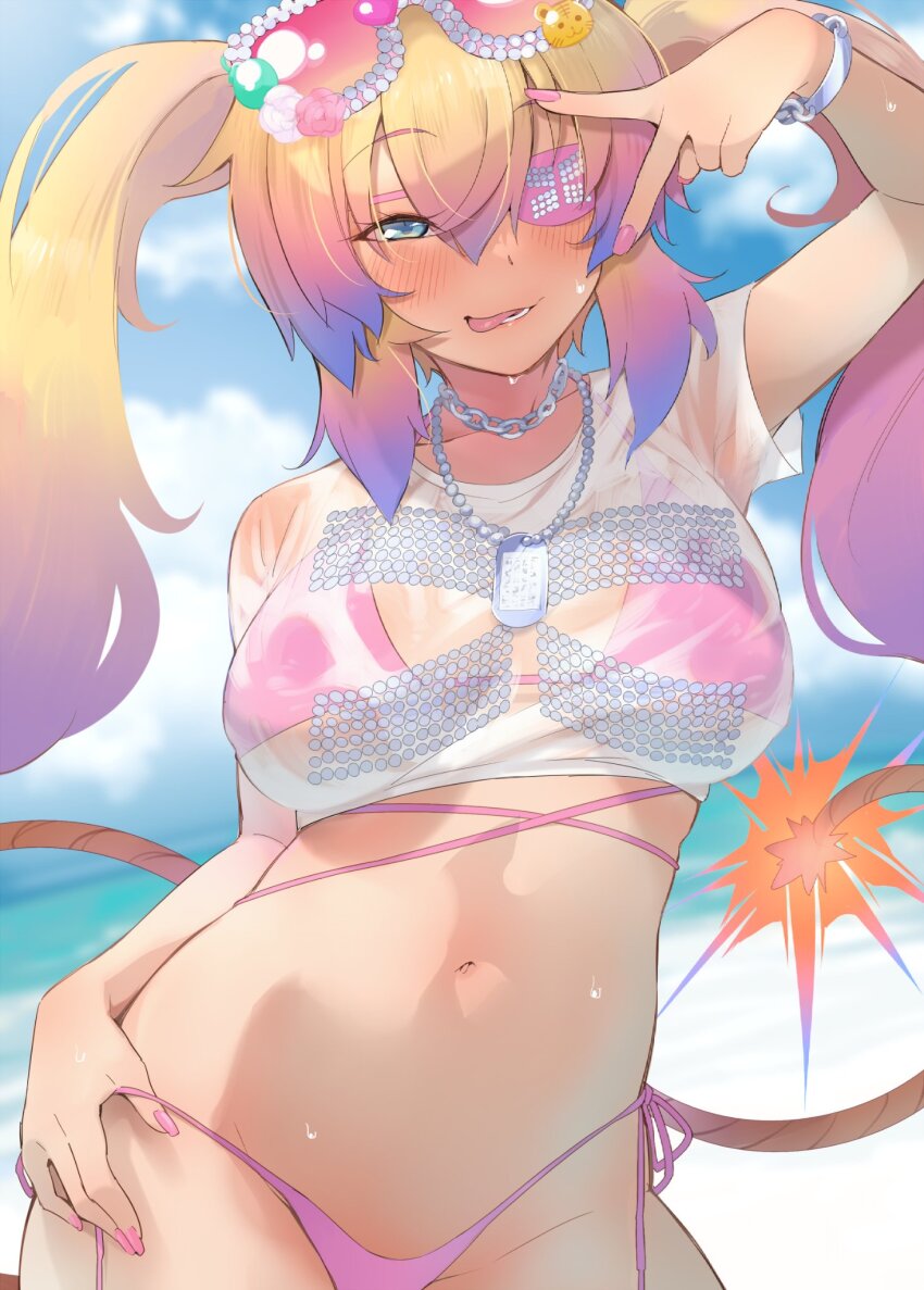 1girl, amo_takumi, bikini, blonde_hair, blue_eyes, blurry, blurry_background, blush, bombergirl, bracelet, breasts, chain, cloud, crop_top, day, dog_tags, eyepatch, eyewear_on_head, fuse, fuse_tail, hair_between_eyes, highres, jewelry, large_breasts, lit_fuse, long_hair, looking_at_viewer, multicolored_hair, olive_(bombergirl), outdoors, pink_bikini, pink_hair, pink_nails, see-through_clothes, shirt, short_sleeves, side-tie_bikini_bottom, sidelocks, sky, solo, sunglasses, sweat, swimsuit, tail, tongue, twintails, v, v_over_eye, white_shirt
