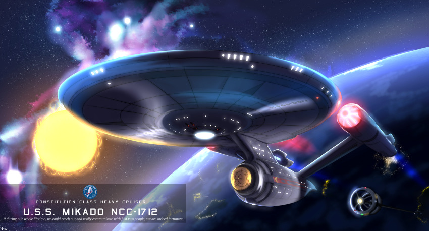 absurdres, commentary, energy, energy_cannon, english_commentary, english_text, highres, honmachi, in_orbit, light, machinery, muzzle, nebula, no_humans, planet, radar_dish, science_fiction, space, space_station, spacecraft, star_(sky), star_(symbol), star_trek, star_trek:_strange_new_worlds, starbase_74, starry_sky_background, thrusters, zero_gravity
