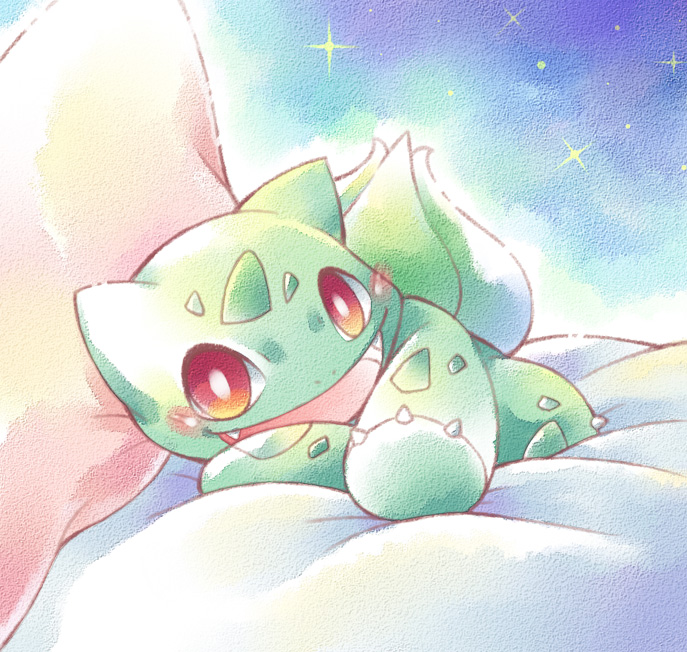 bed_sheet, blush, bright_pupils, bulbasaur, chiyo_(195815), claws, creature, fangs