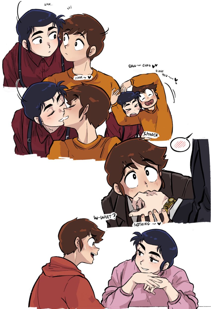 2boys, duck_etc, english_text, highres, kiss, kissing_hand, looking_at_another, mendou_shuutarou