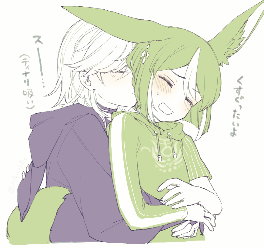 2boys, animal_ears, animal_hood, asymmetrical_sleeves, blush, choker, closed_eyes, cyno_(genshin_impact), earrings, fox_boy, fox_ears, fox_tail, genshin_impact, hair_between_eyes, hood, hood_down, hug, hug_from_behind, jewelry, male_focus, multicolored_hair, multiple_boys, nobinolifes, open_mouth, parted_lips, simple_background, single_earring, sketch, sweat, tail, tighnari_(genshin_impact), upper_body, yaoi