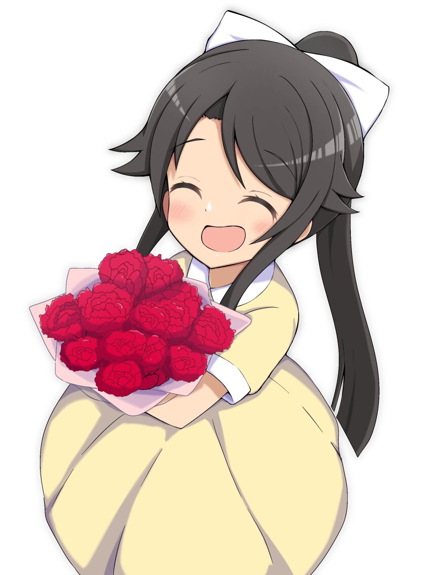 1girl, ^_^, absurdres, aged_down, black_hair, bouquet, bow, closed_eyes