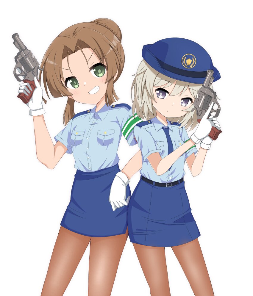 2girls, absurdres, armband, belt, brown_hair, gloves, green_eyes, grey_hair