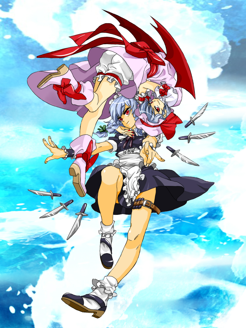 2girls, bat_wings, bloomers, braid, female_focus, hat, highres, izayoi_sakuya, knife, legs, maid, maid_headdress, multiple_girls, nibako, red_eyes, remilia_scarlet, short_hair, silver_hair, embodiment_of_scarlet_devil, thigh_strap, throwing_knife, touhou, twin_braids, underwear, upside-down, weapon, wings