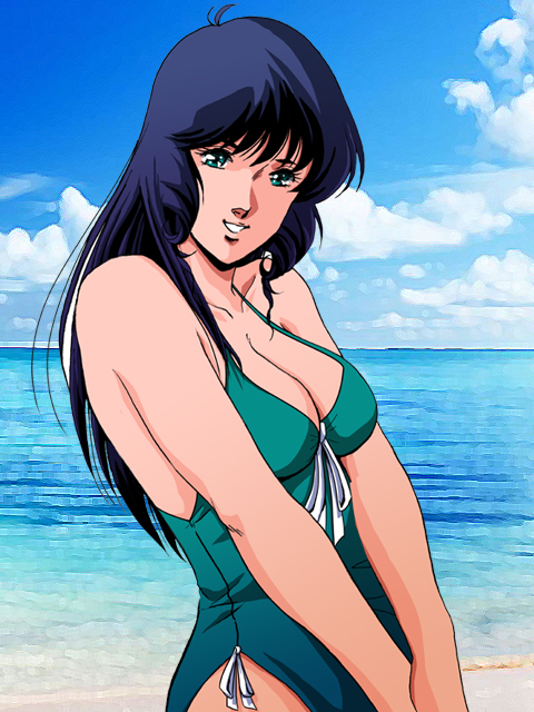 1980s_(style), 1girl, beach, black_hair, breasts, choujikuu_yousai_macross, cloud, comiket_96