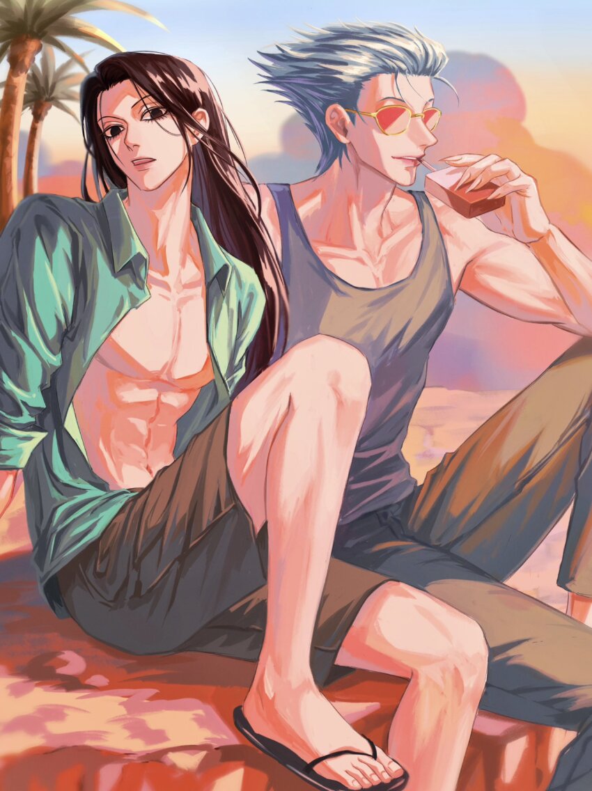 2boys, alternate_costume, alternate_hair_color, beach, black_hair, blue_hair, cigarette, cloud