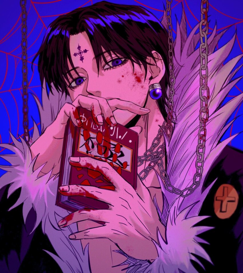 1boy, black_hair, blood, blood_on_face, blood_on_hands, blue_eyes, book, chain