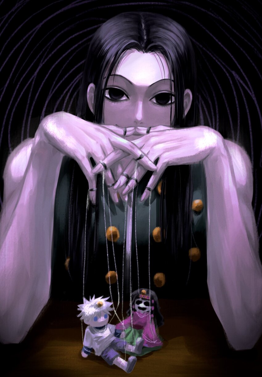 1boy, black_eyes, black_hair, blue_eyes, commentary_request, doll, grey_hair, highres, hunter_x_hunter, illumi_zoldyck, kann_55, killua_zoldyck, korean_commentary, long_hair, looking_at_viewer, male_focus, marionette, nanika_(hunter_x_hunter), puppe, puppet, puppet_strings, solo, string, upper_body